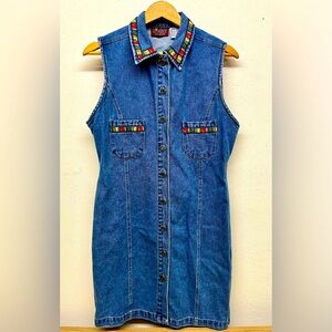 Vintage Contact Jeans Denim Dress Embroidered Colorful Accents Size Medium